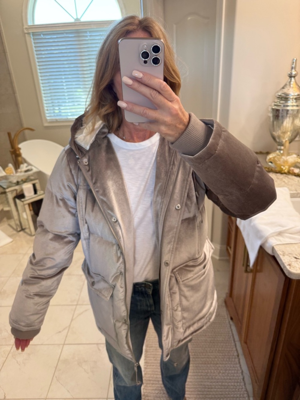 Avec Les Filles Taupe Velvet Hooded Puffer Jacket Size M
